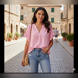 Crown & Ivy Light Pink Ruffle Sleeve Blouse